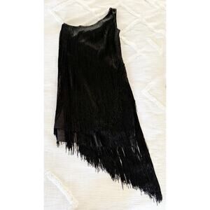 Aidan by Aidan Mattox | One Shoulder Flapper Style Black Dress with Fringe | 4